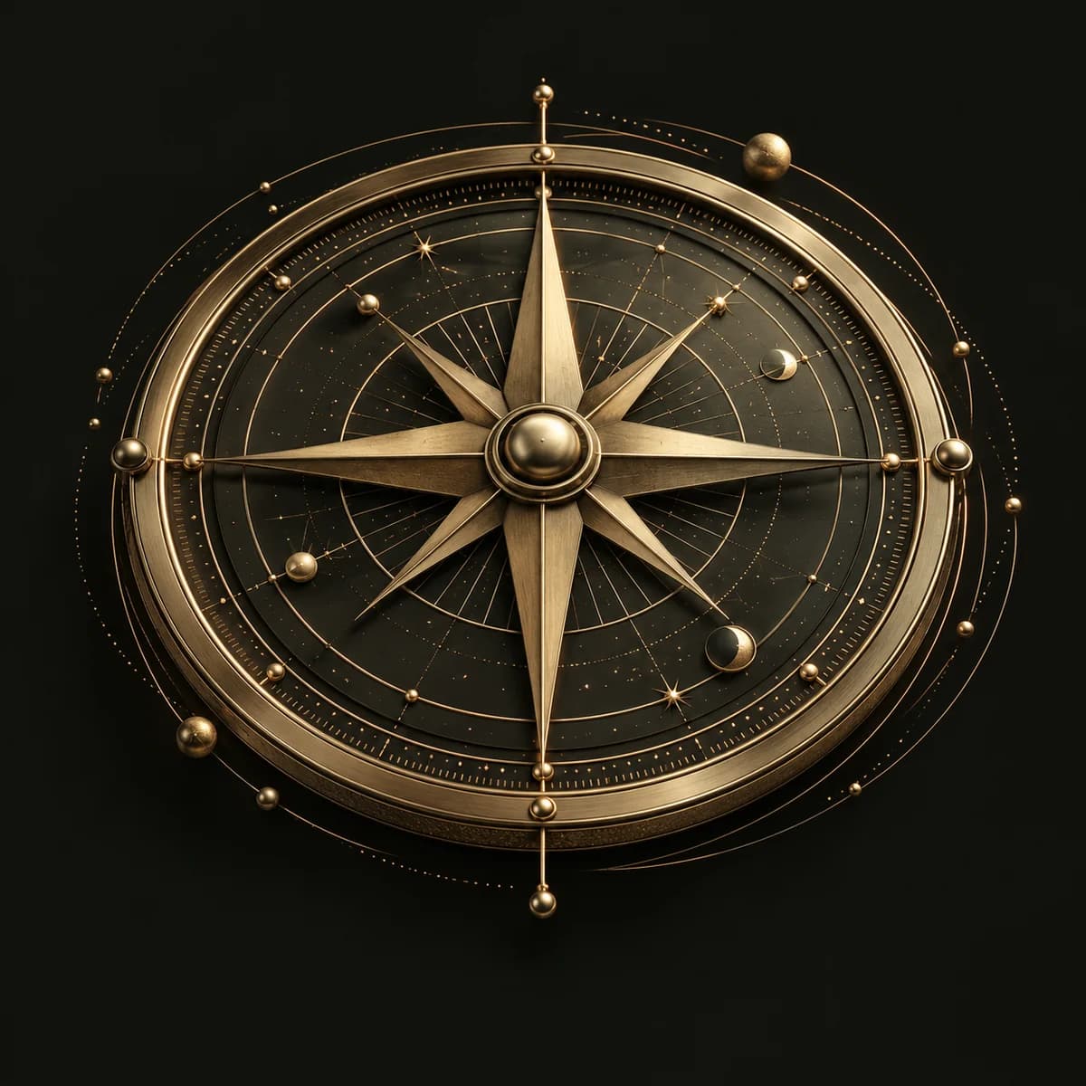 A gold celestial compass with delicate planetary orbits on a charcoal background